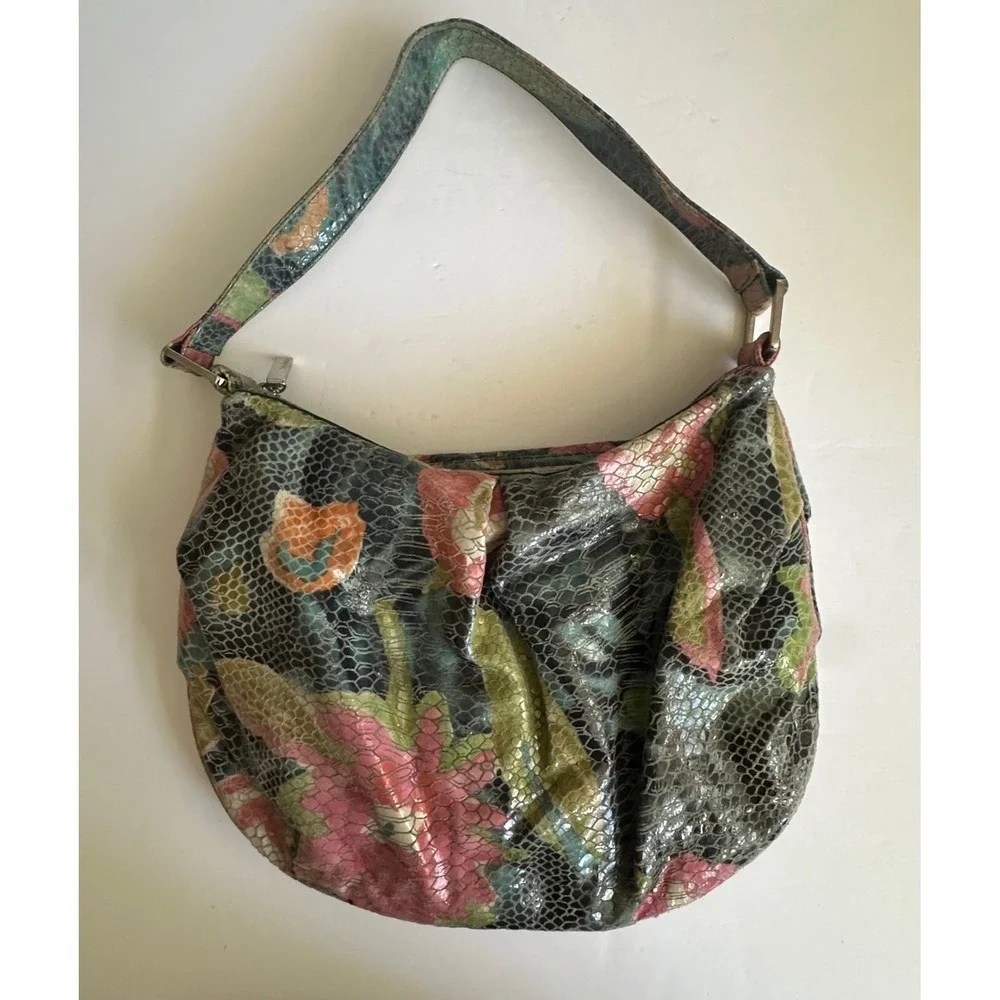 Y2K Hobo International Snakeskin Embossed Floral Leather Shoulder Bag Multi